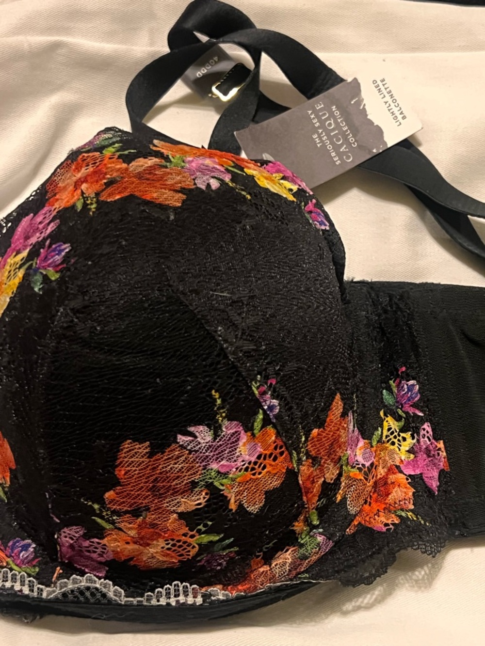 Floral Lace Underwire Bra - dark blue with Multicolor Embroidery